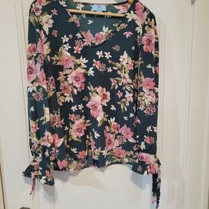 CeCe Floral Long-Sleeve V-Neck Blouse in Teal and Pink